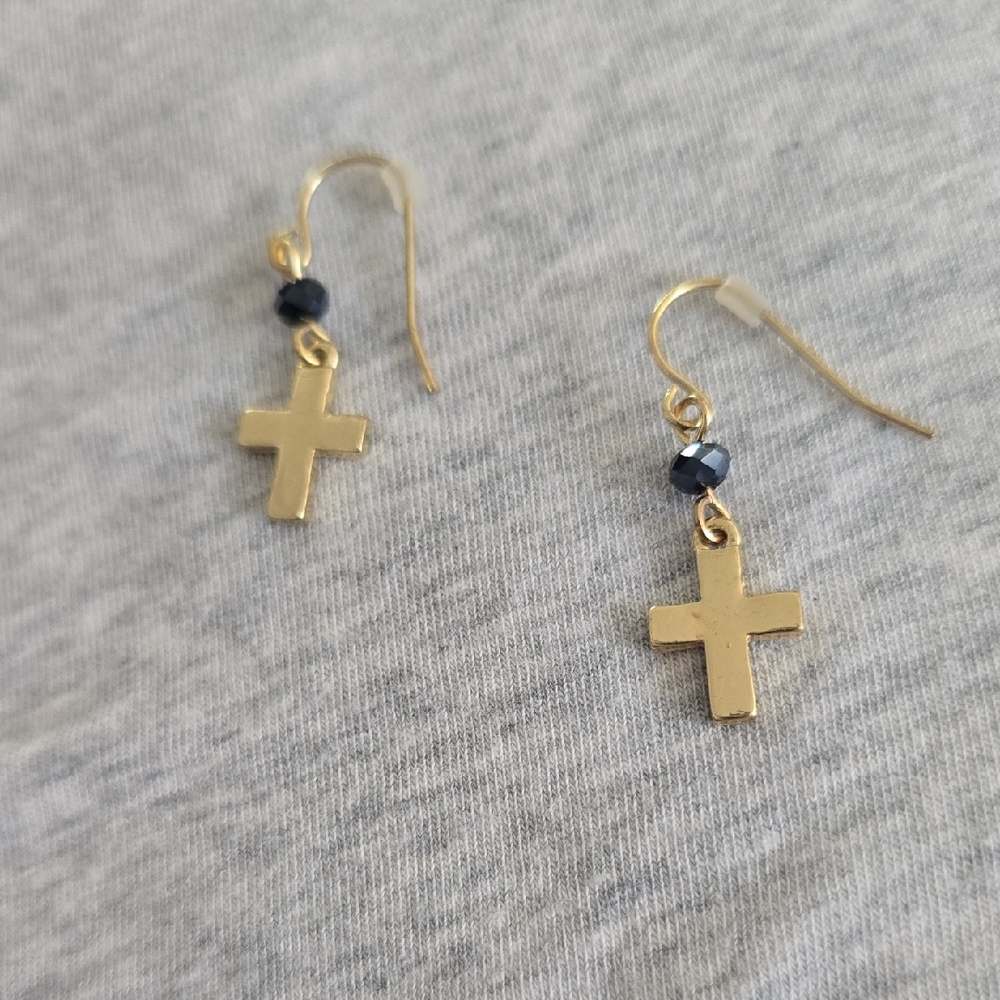 Gold Cross Earrings with Black Beads NWOT
